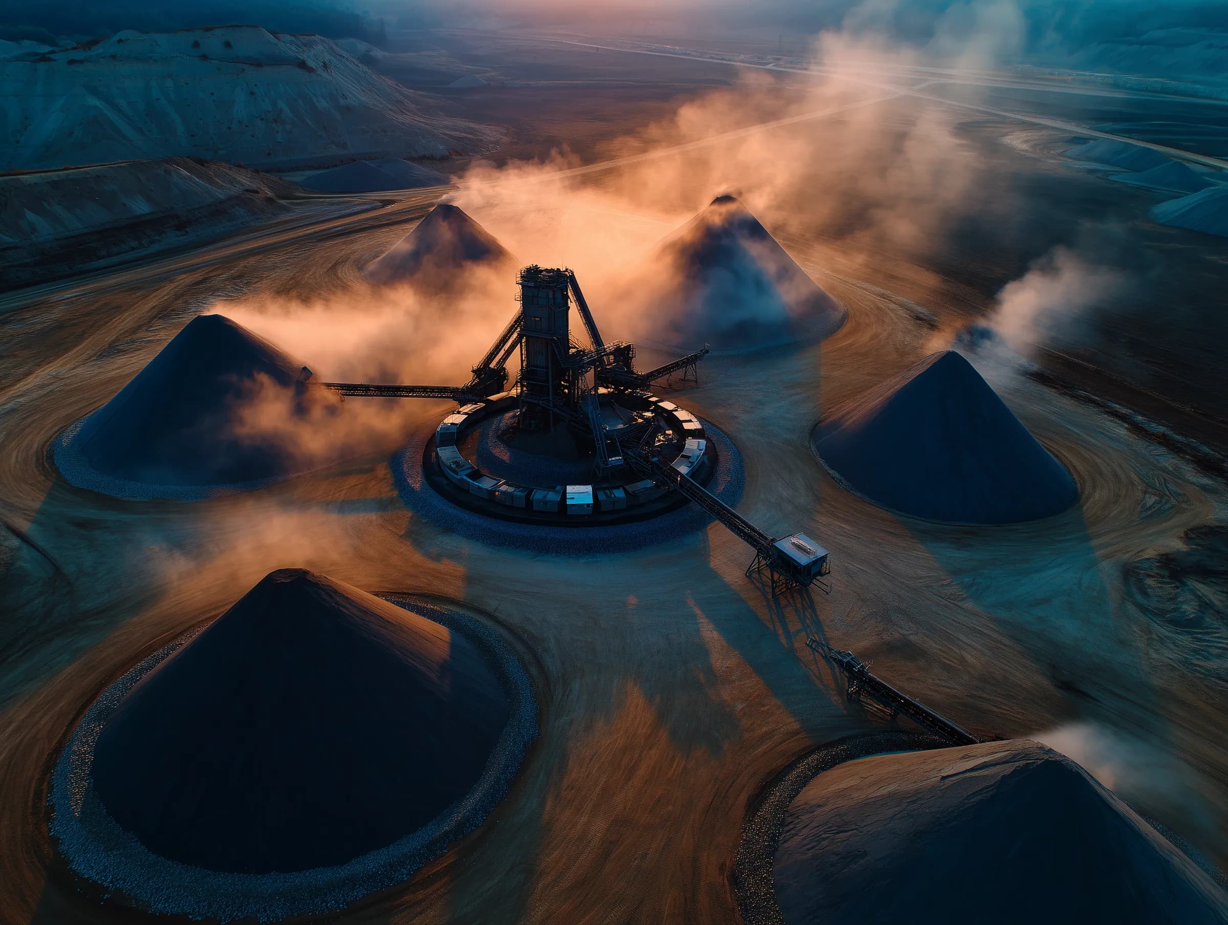 Aerial of a mobile crushing operation with multiple stockpiles at dawn