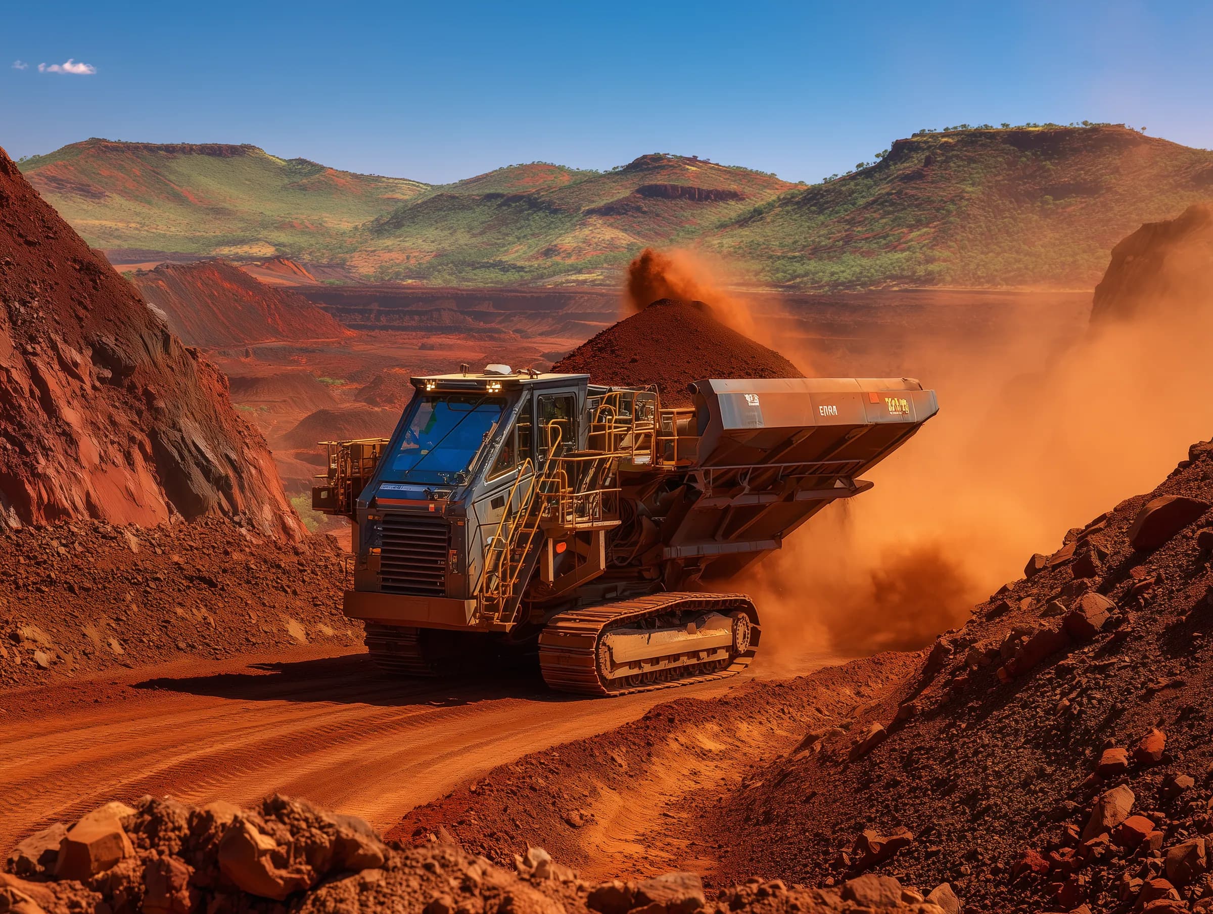 Tracked mobile crusher discharging fresh ore on a Western Australian mining campaign