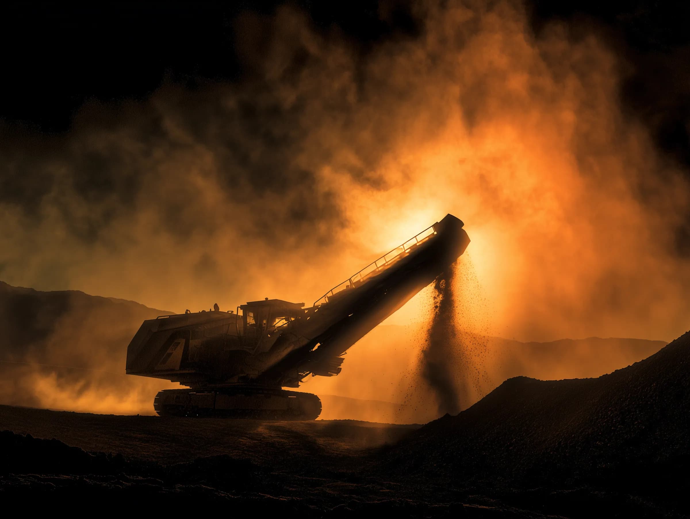 Mobile jaw crusher silhouetted against a backlit sunset