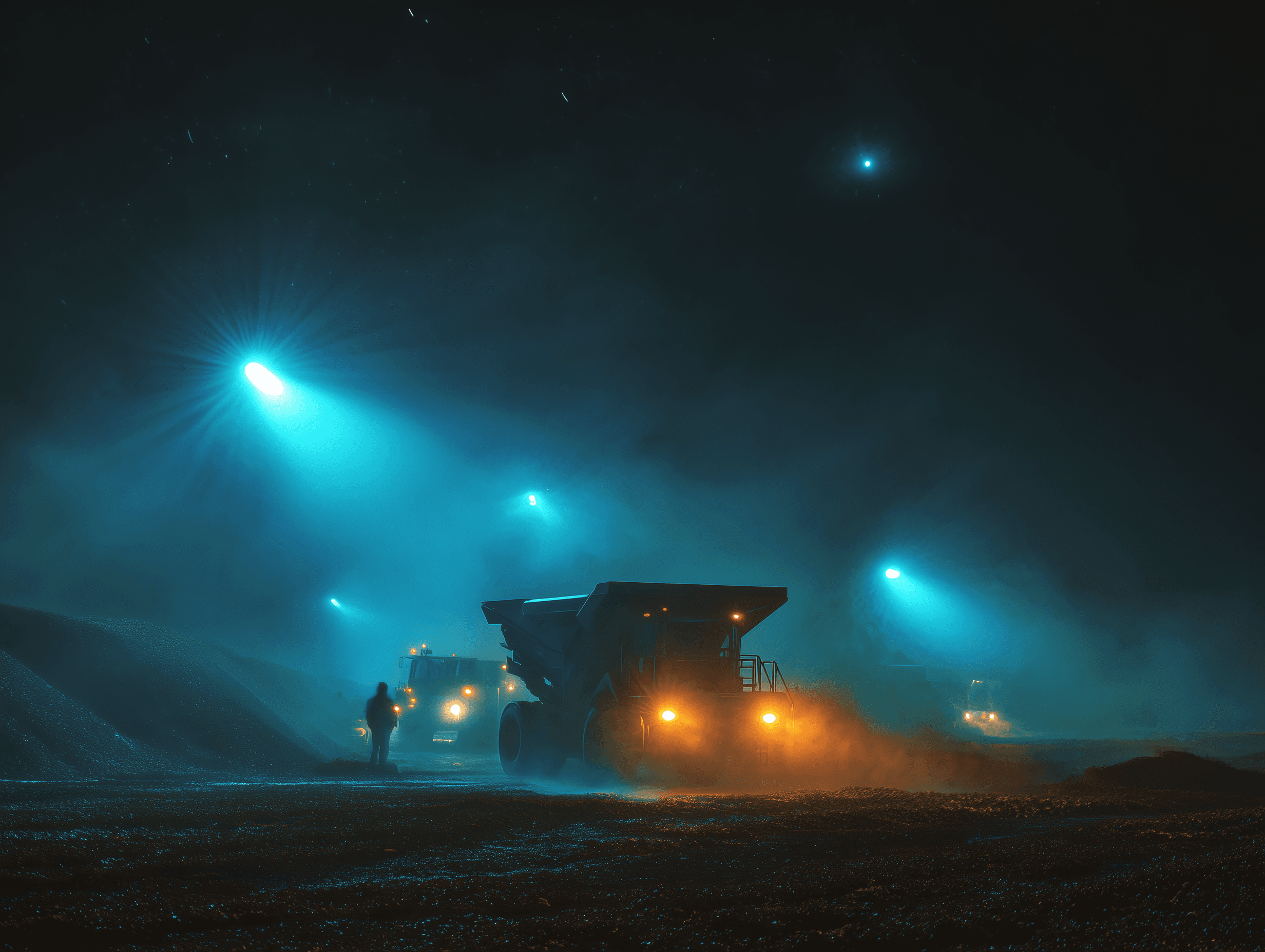 Mobile crushing operation lit by floodlights at night