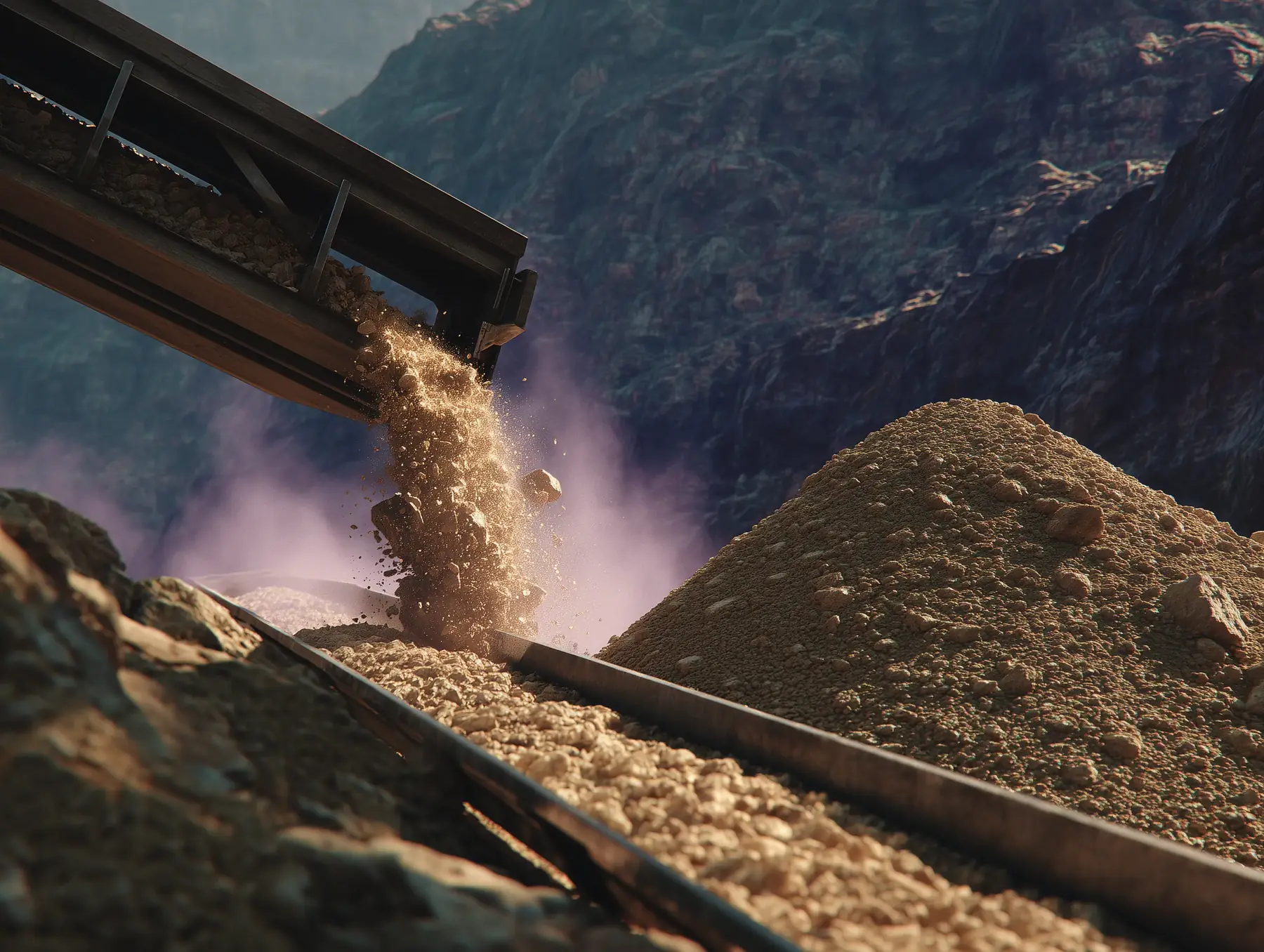 Close-up of conveyor discharging crushed road base aggregate into a stockpile