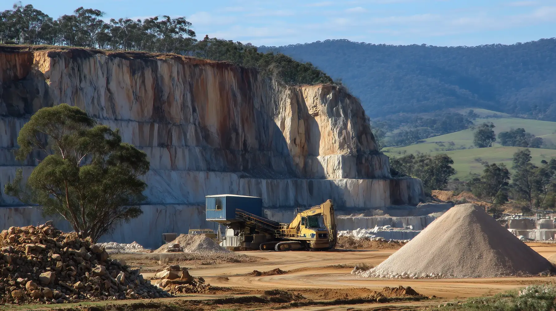 Mobile crushing plant working a regional Victoria limestone quarry at sunset