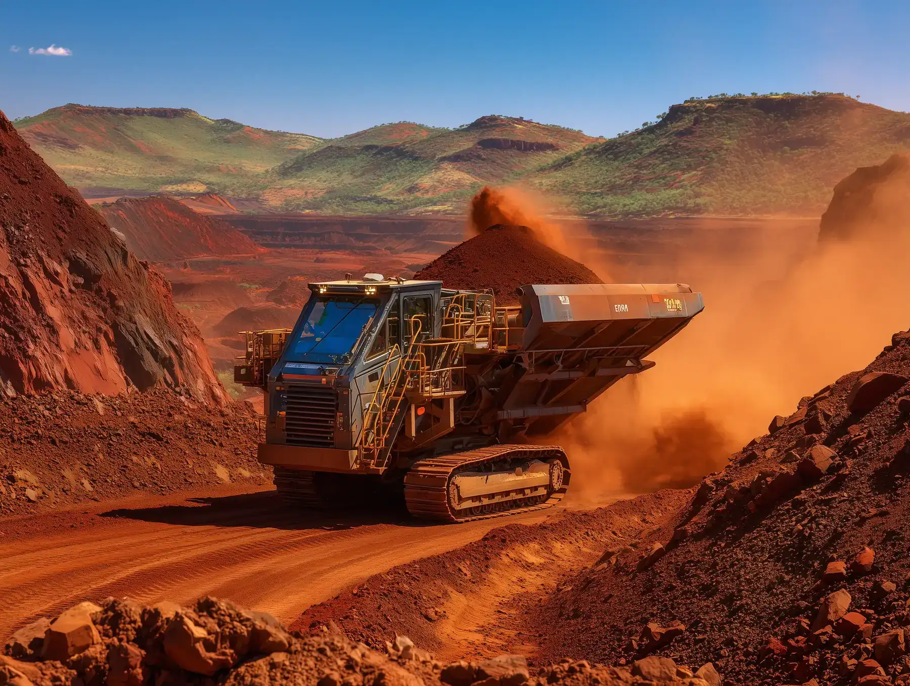 Mobile crushing plant on a Western Australian mining site, processing ore against a remote landscape